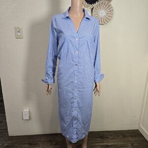 Ellen Tracy Womens Blue Striped Collared Belted Shirt Dress Size Large W/pockets